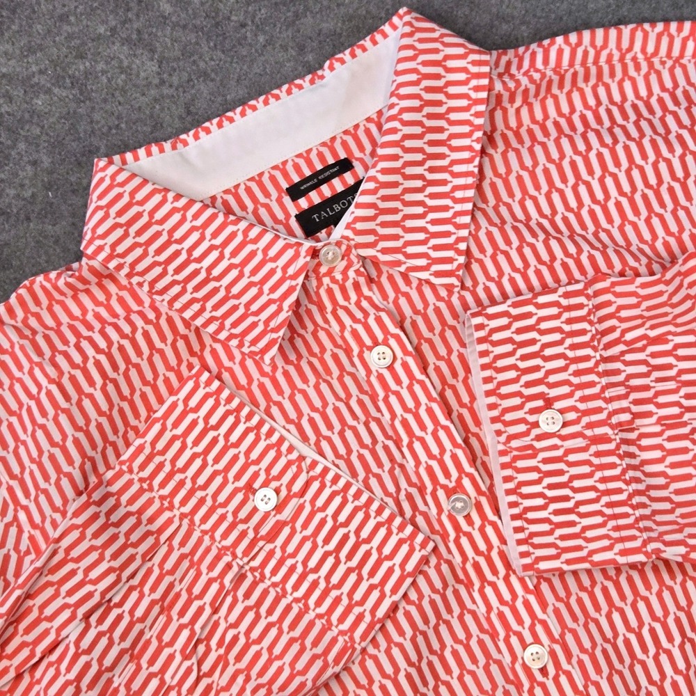 Talbots Wrinkle Resistant Button Down Shirt Coral White Geometric Stretch sz 12
